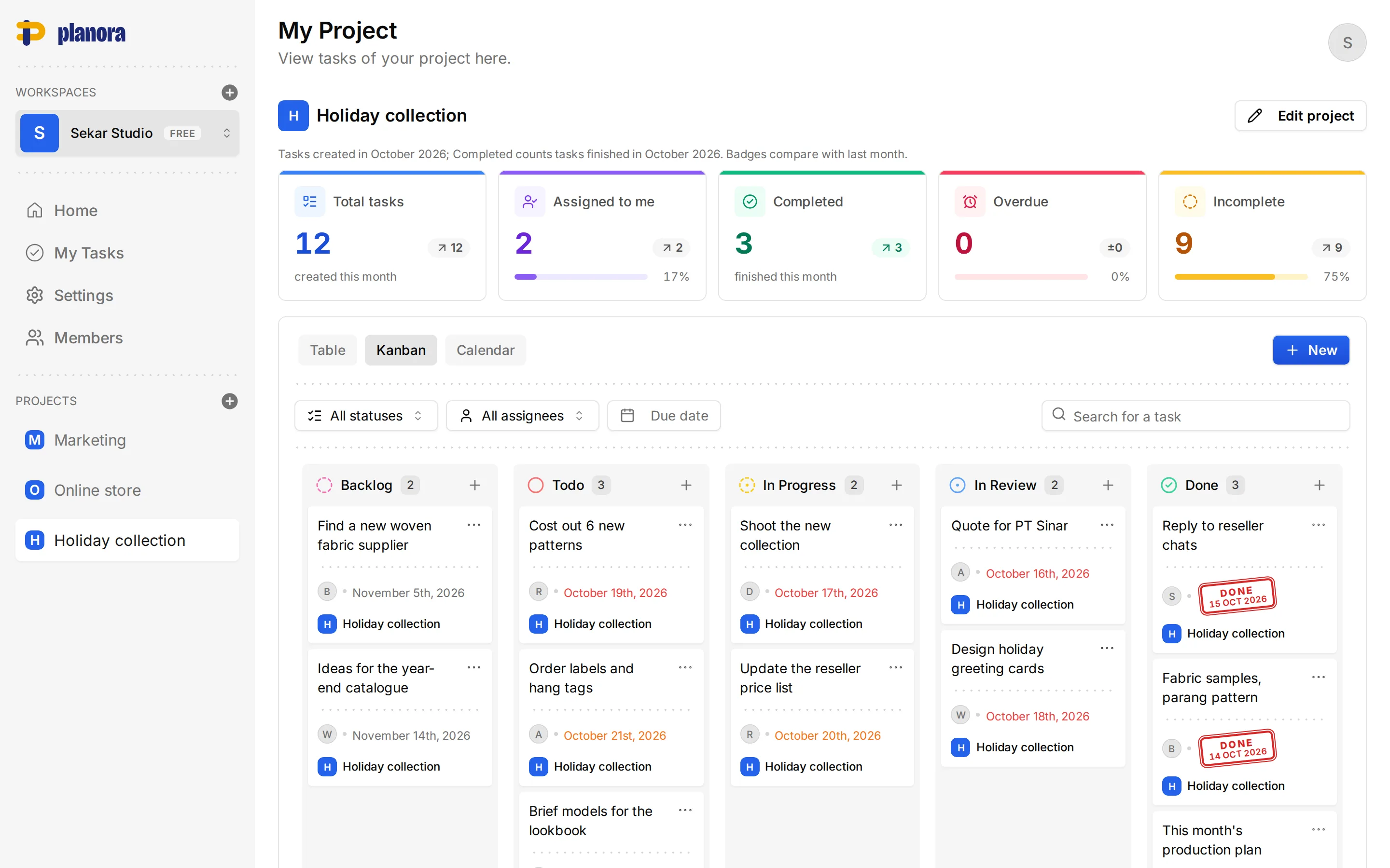 Planora on a laptop: a project page with this month's numbers and a kanban board with five statuses, where the three tasks in Done carry a date stamp.