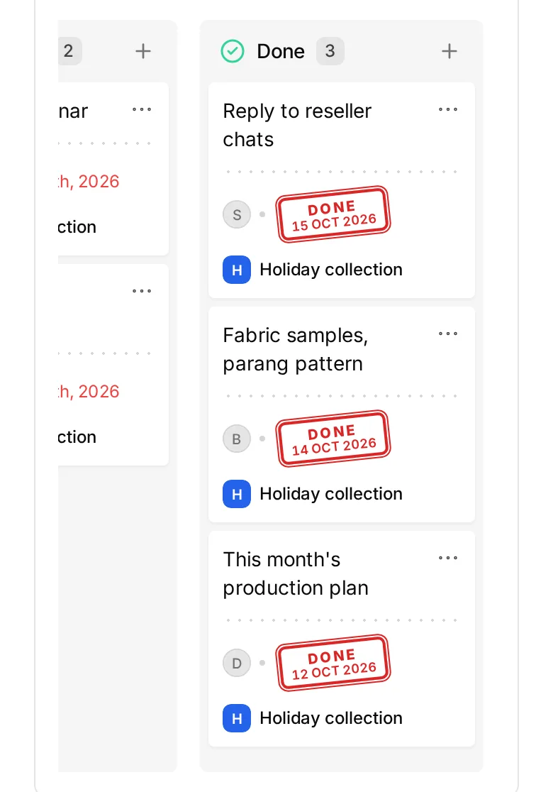 Planora on a phone: the Done column of the same board, each task stamped with the day it was finished.
