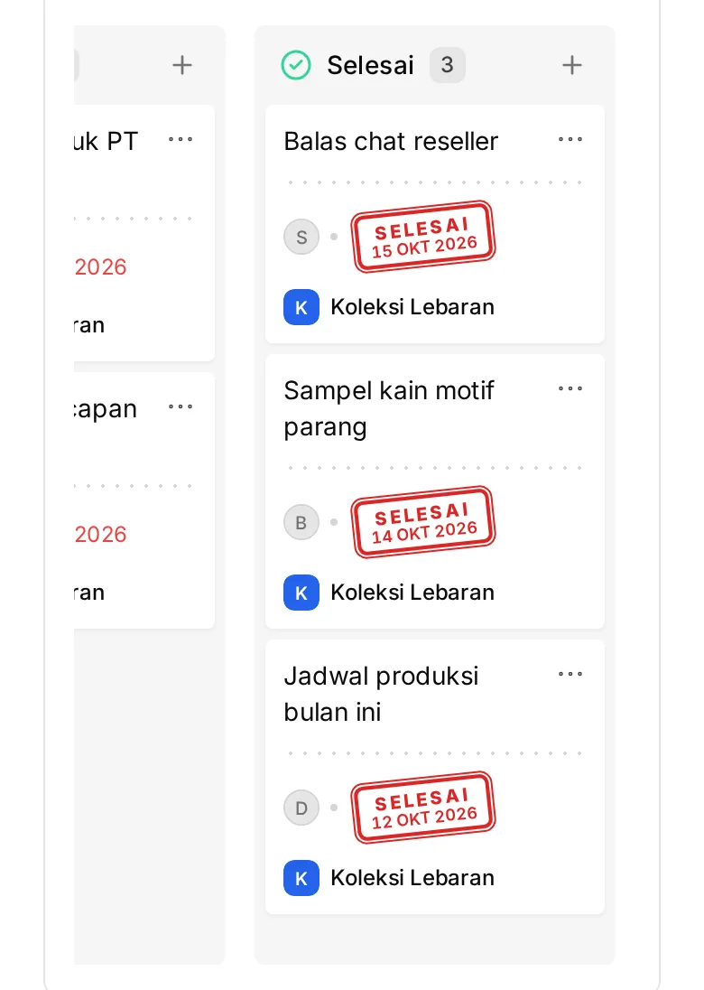 Planora di HP: kolom Selesai dari papan yang sama, tiap tugas dicap dengan tanggal selesainya.